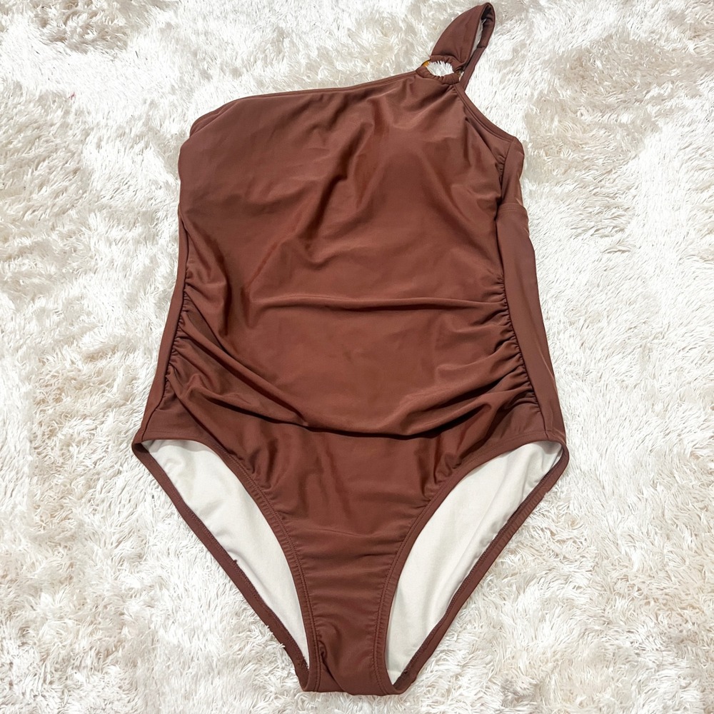 Brown One Piece Swimsuit Womens XL One Shoulder Ruched Padded Bathing‎ Suit